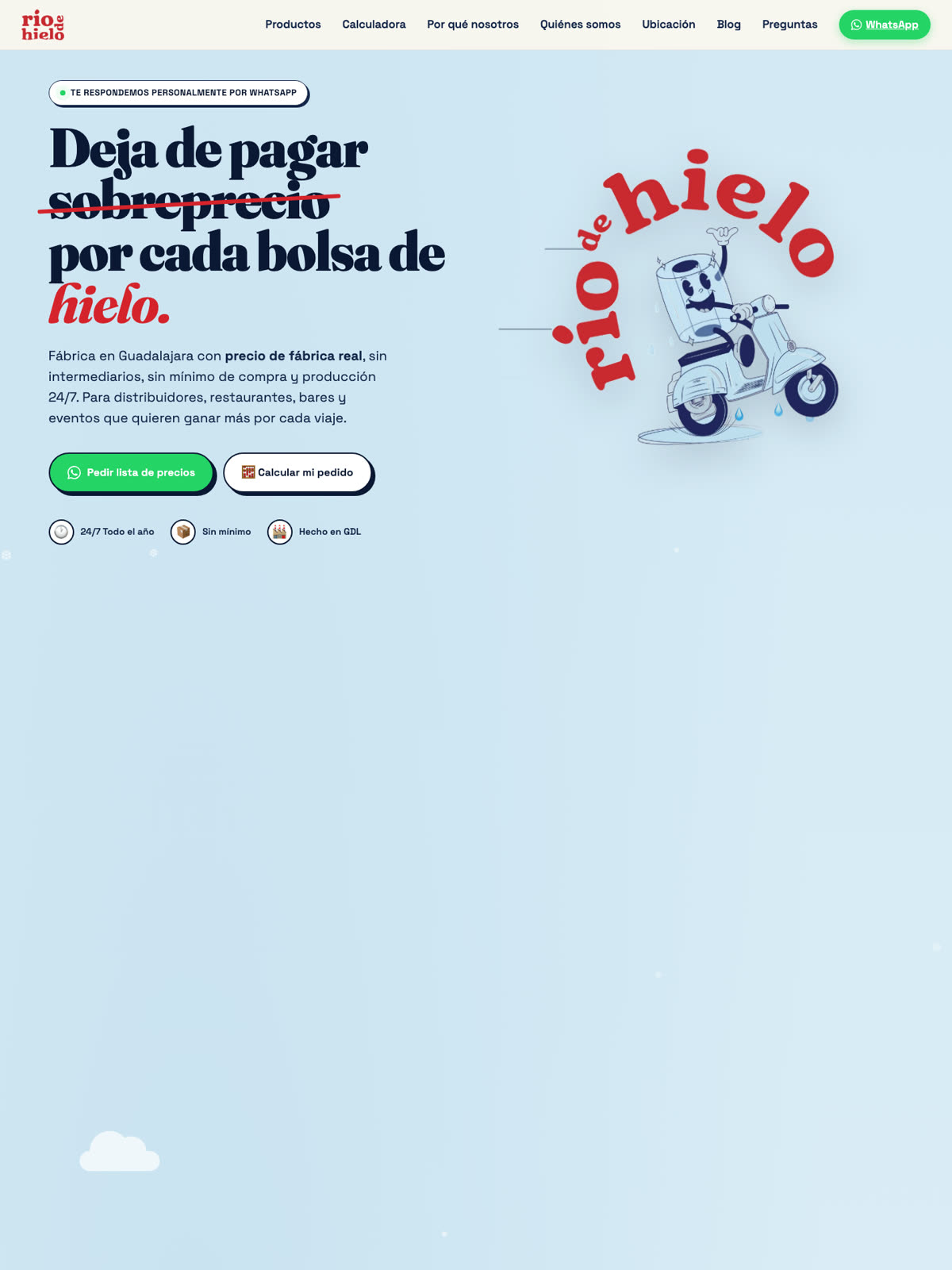 Sitio web de Río de Hielo con calculadora de pedidos a WhatsApp, construido por One Bad Eye Studio